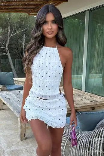 Pleated Halter Lace Up Top Women's Skirt Suits Women Sexy Ruffled Crop Top Lace Trim Mini Skirts 2026 Summer Lady Beach Outfit