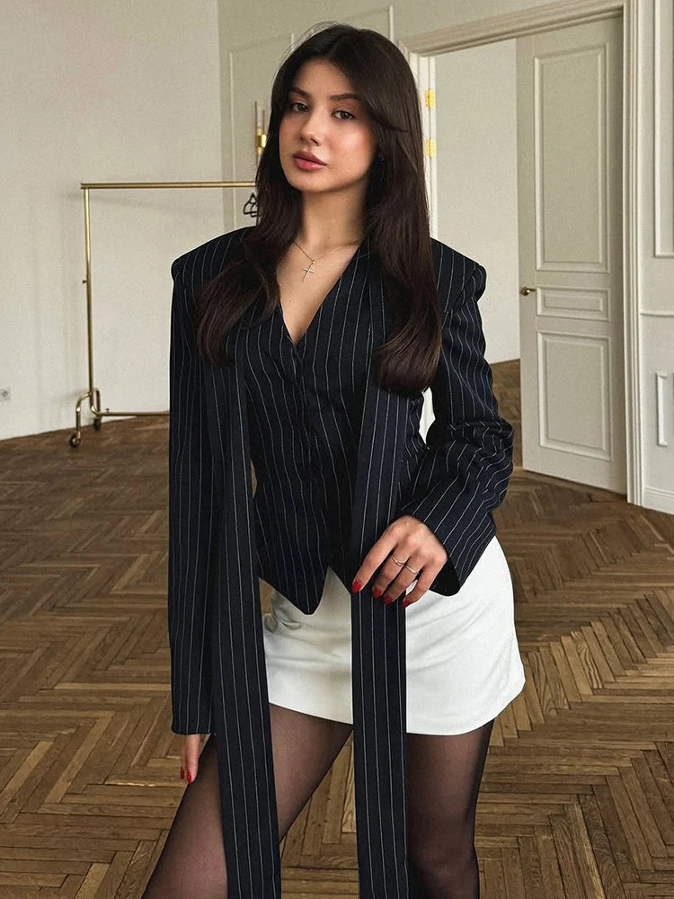 Taruxy Striped Print Vneck Ribbon Suit Coat For Women Long Sleeve Office Blazer
