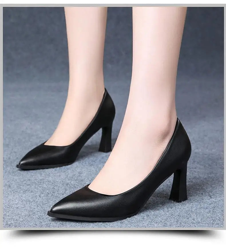 Black Women's Pumps 6-8cm Heel Soft PU Leather Non-slip Single Shoe Professional Interview High Heels Mid Heeled Work Shoes