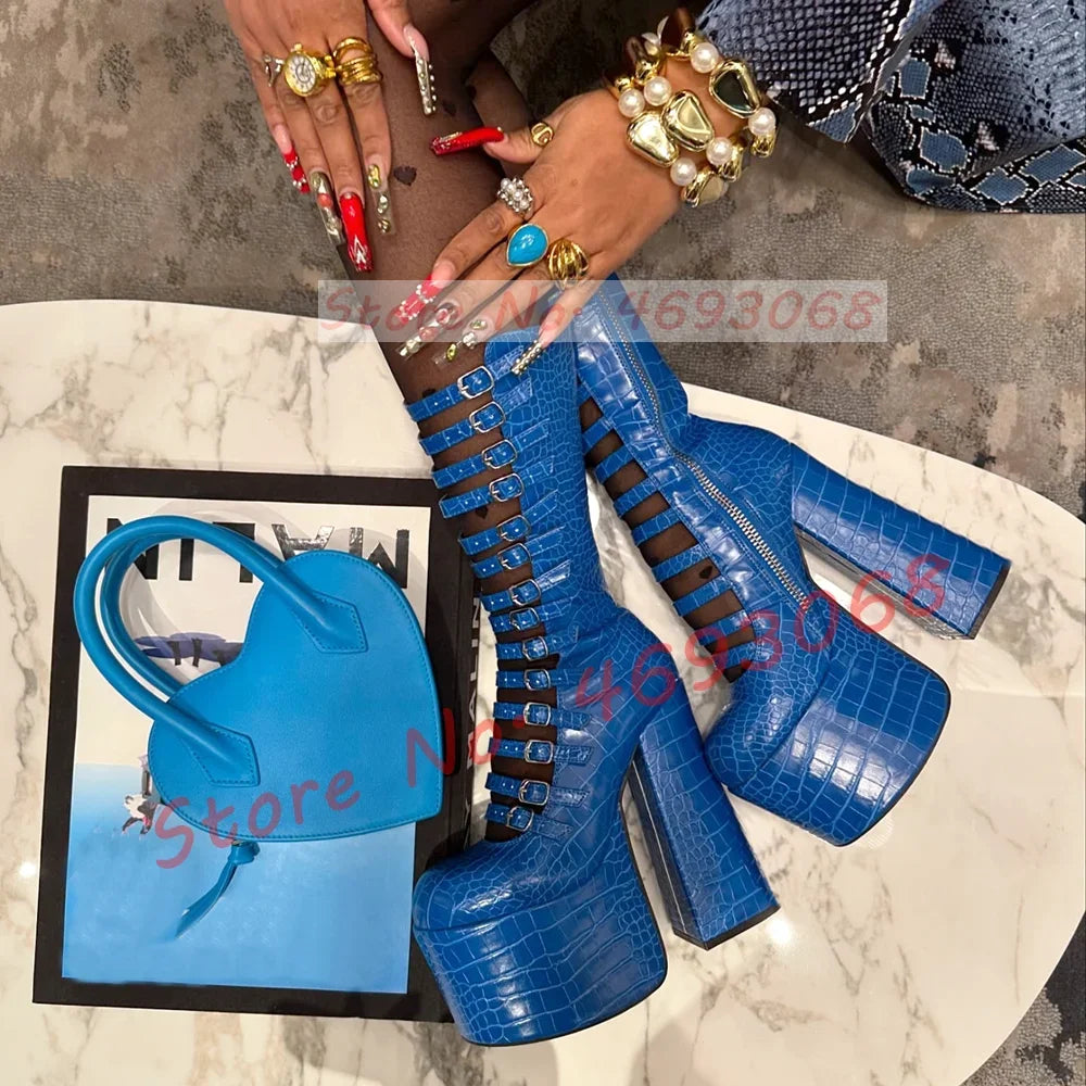 Blue Strappy Platform Mid Calf Boots Women Spring Crocodile Print Round Toe Boots Ladies 14 Buckle Straps Chunky High Heel Shoes