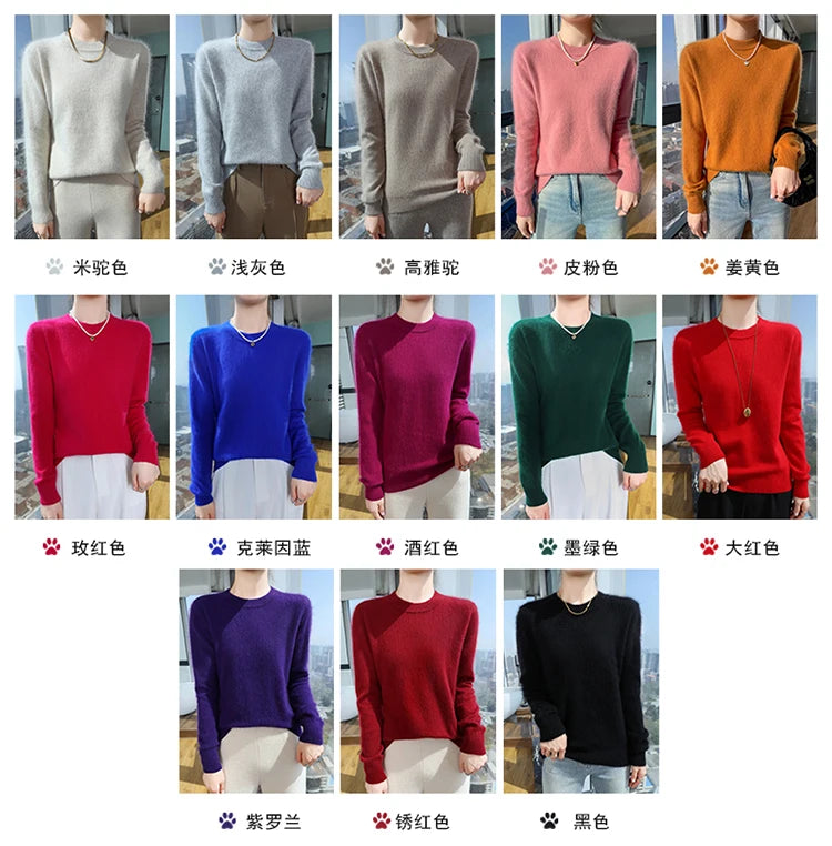 Autumn and winter women's semi high neck pullover sweater solid color knitted slim fit women's 100 mink cashmere sweater new sty
