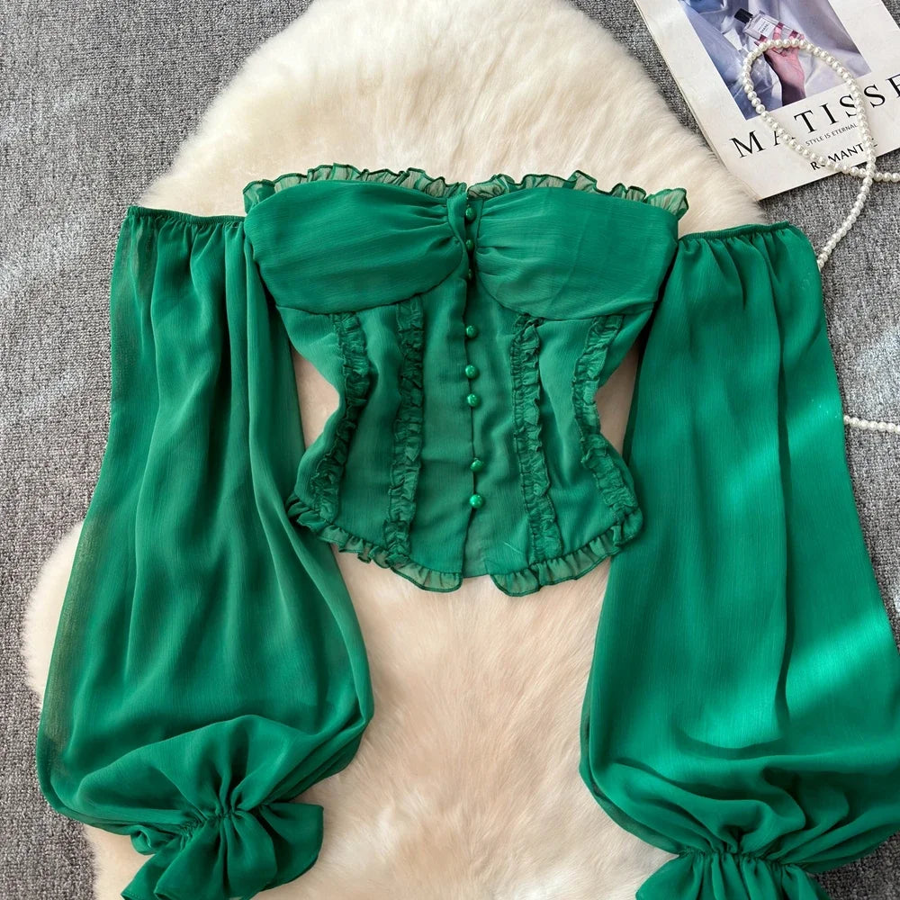 Chiffon Blouse for Women Slash Neck Off Shoulder Solid Color Camisas Ruffles Folds Backless Summer Blusas De Mujer Chic Dropship