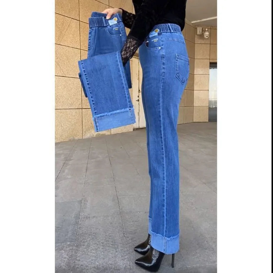 Plus Size Middle Aged Womens Jeans Elastic Waist High Waist Loose Denim Pants