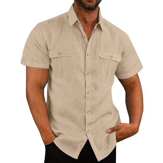 Cotton Linen Shirt Men Pocket Casual Beach Short Sleeve Solid Color Male Tops T-shirts Vintage Streetwear Comfort Casual Shirts