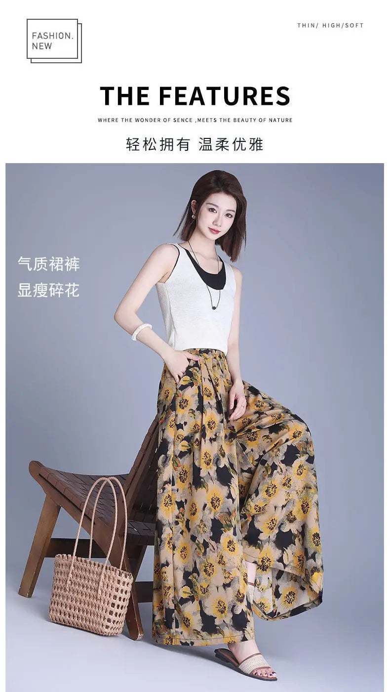 Trousers Chiffon Floral Skirts and Pants for Women in Summer New Thin High-waisted Ethnic Style Casual Wide-leg Pants