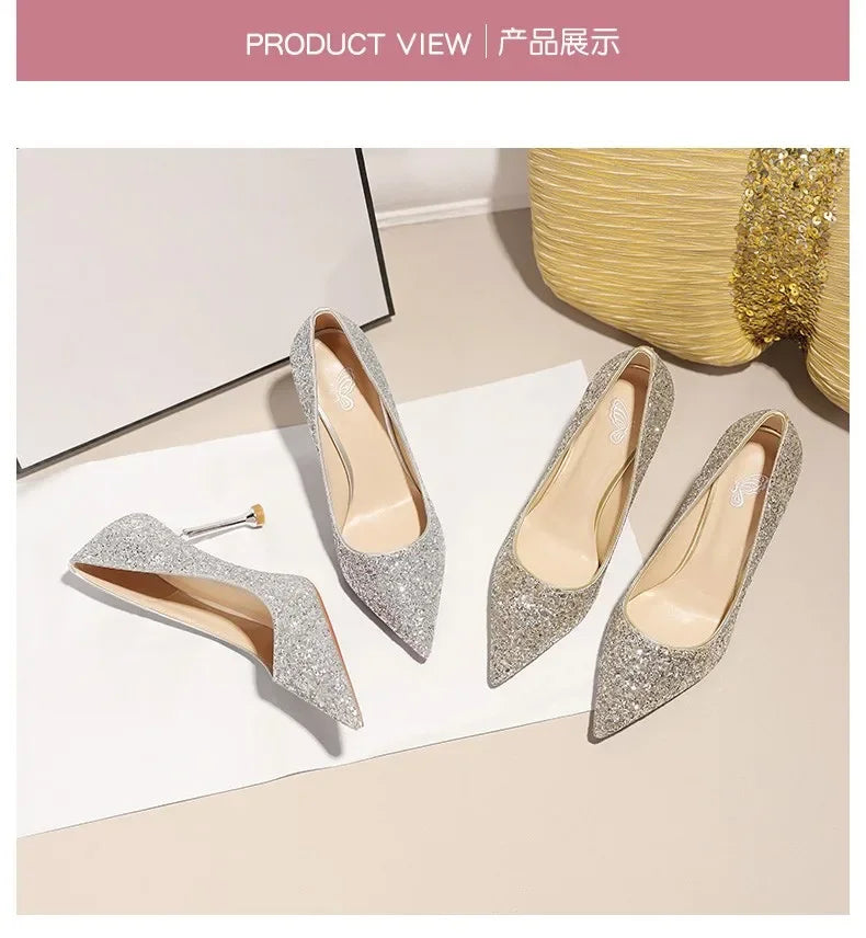 2025 New Women Pumps High Heel Metal Pointed Toe Shallow Sexy Ladies Bling Bridal Wedding Women Shoes White High Heels