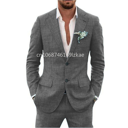 2024  Linen Suiting Fabric Full Men's Suit Lapel Collar Single-breasted 2 Piece Set Elegant Man Suits High Quality Blazer