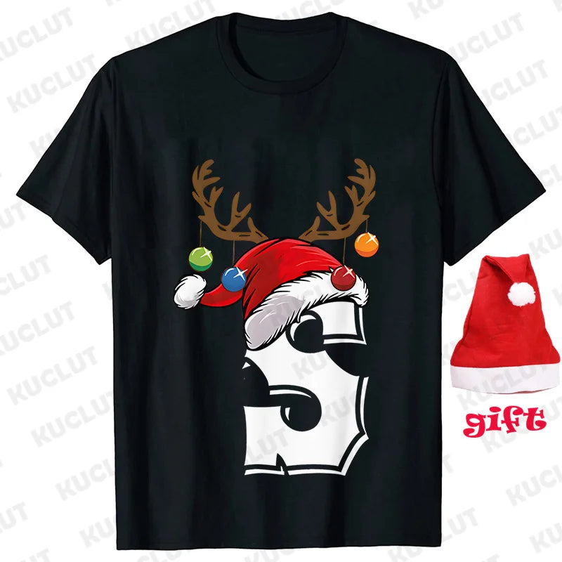 Funny Christmas Party Tshirt Fashion Women T Shirt Tops Short Sleeves T-shirt 26 A~Z Alphabet Casual Tees with Santa Hat Gift