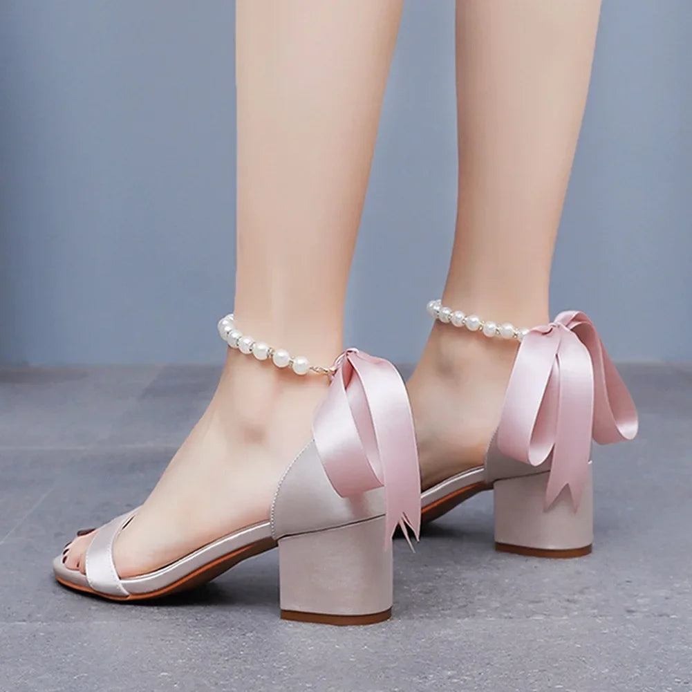 String Bead Sandals for Women Summer Peep Toe Sandals Ladies Fashion Ribbon Bow Thick High Heels Sexy Wedges Wedding Shoes 35-43