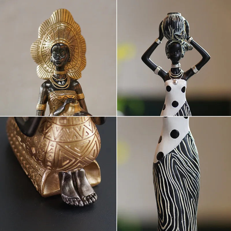 African Woman Statues Resin Tribal Lady Figurines Black Gold Home Decor Ethnic Ornaments for Living Room
