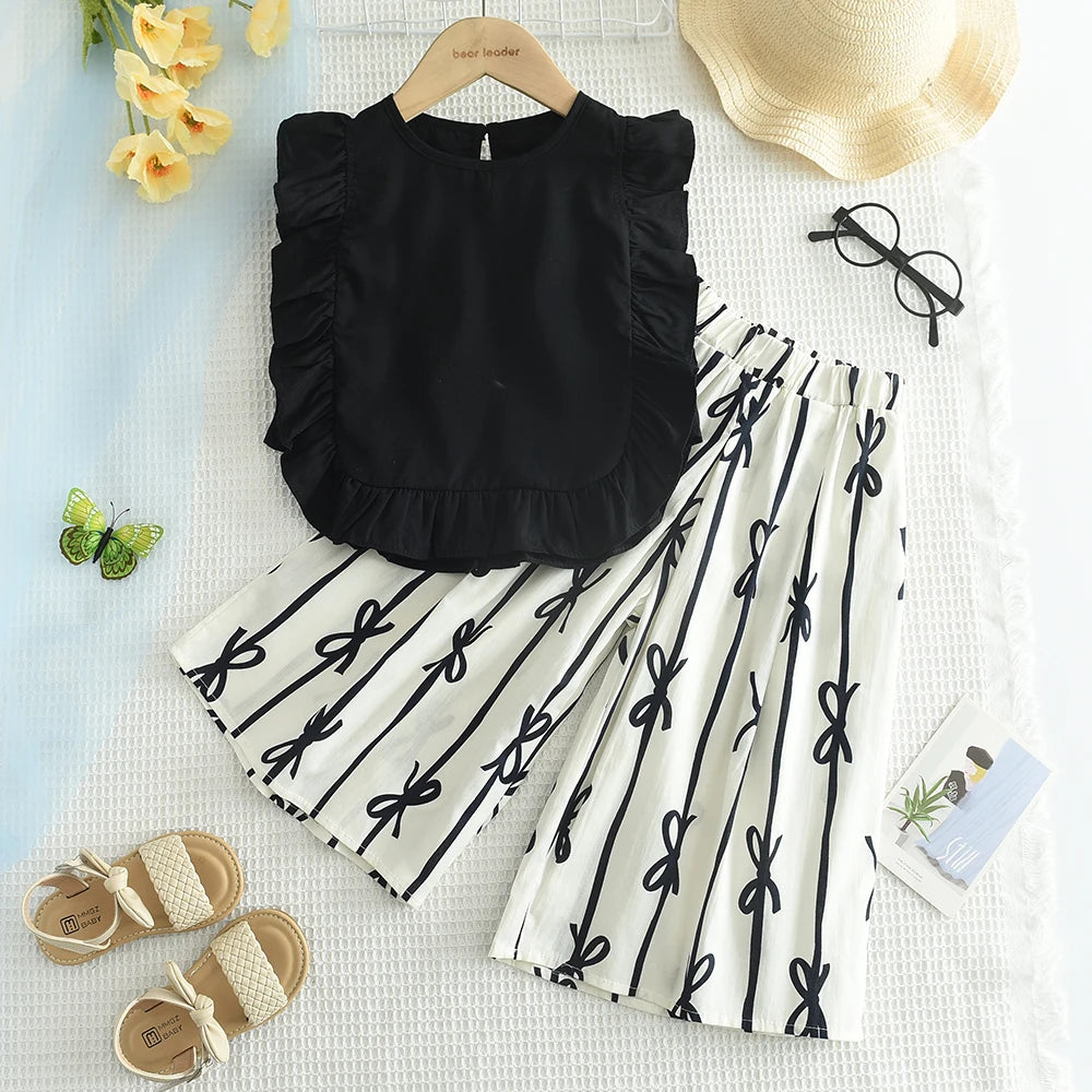 Fashion Black and White Summer New Girls' Casual Clothes Korean Version Sleeveless Pleated Vest+bow Striped Printed Pants Set