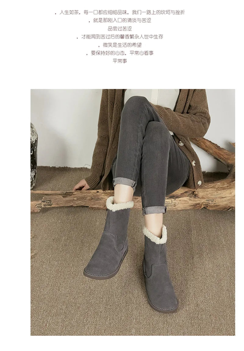 Careaymade-Genuine cow leather Snow cotton round head flats woolen short boots plush warm snow boots Oversized shoes size 35-43