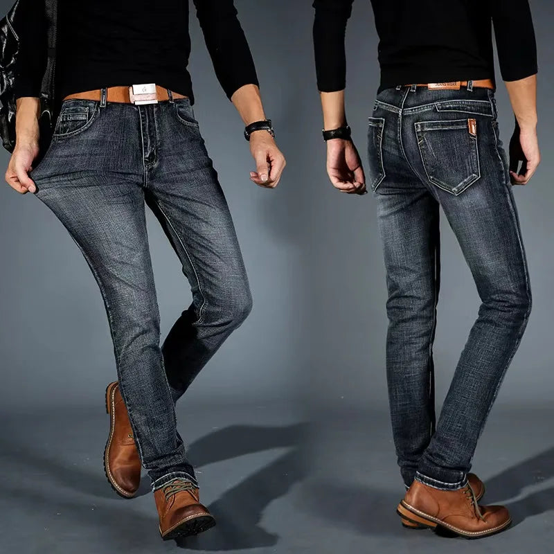 New Men Light Luxury Stretch Slim Fit Pants Comfortable Soft Business Fashion Straight Casual Denim Trousers Male Brand Clothing