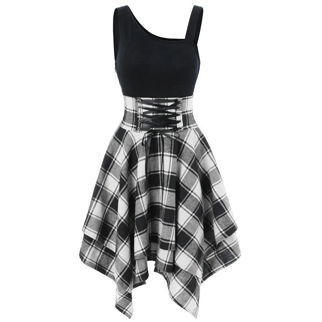 Elegant Classy Dresses For Women 2024 Sleeveless Cold Shoulder Cross Lace Up Plaid Print Irregular A-Line Dresses