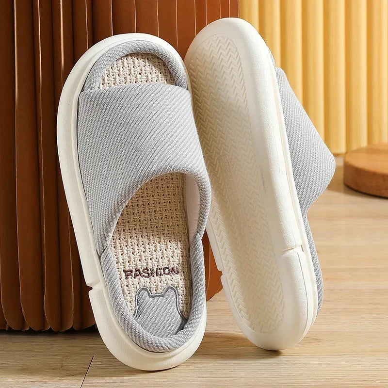 Couples Home Linen Slippers Women Indoor Soft Comfortable Bedroom Slides Men Leisure Non Slip House Shoes Platform Cotton Flats