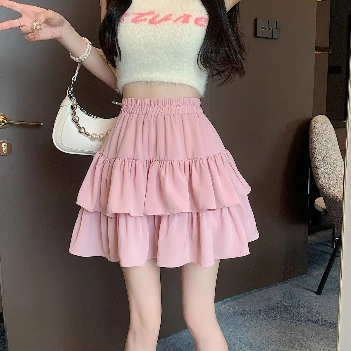 Ruffled Cake Skirts for Women High-waisted A-line Solid All-match Sweet Lovely Girls Korean Style Gentle Spring Kawaii Casual