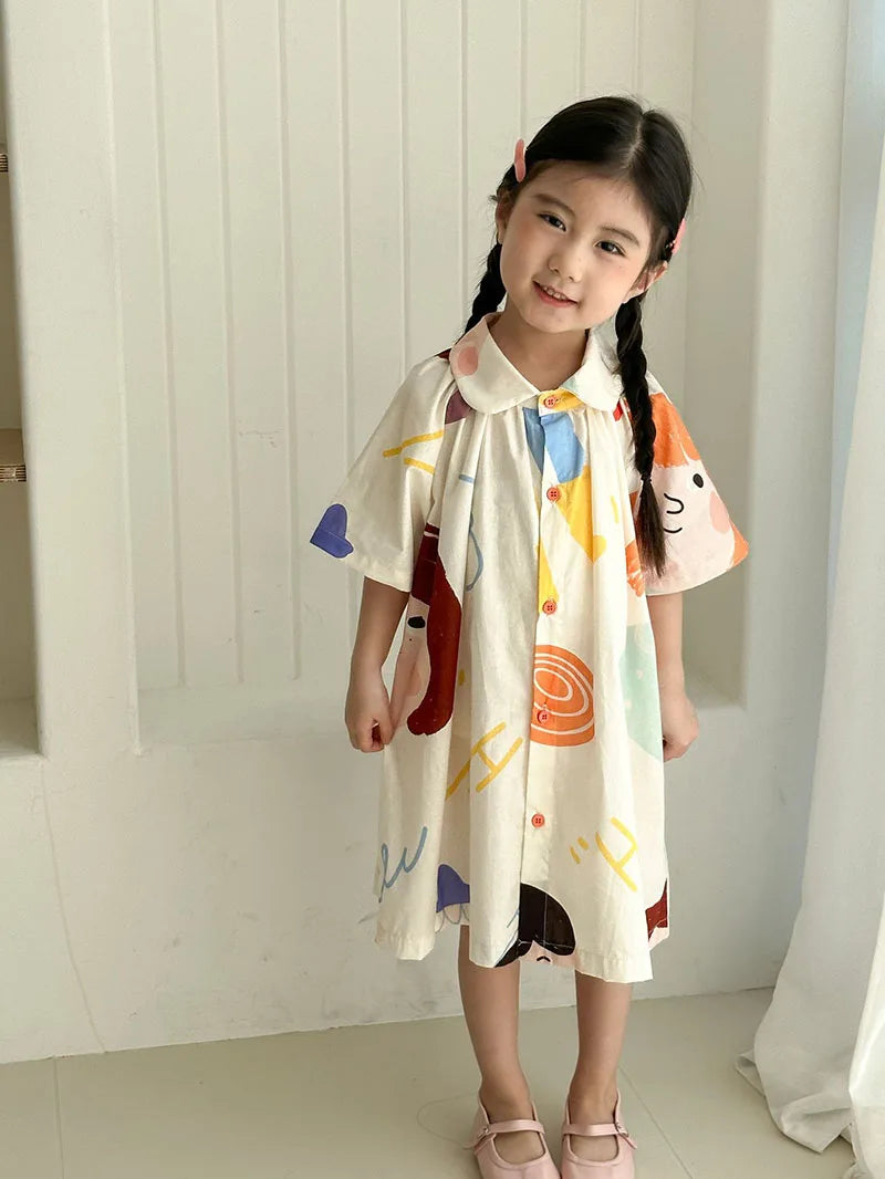 Loose Fit Summer Kids Clothes Set Girls Cute Graffiti Dress Boys Short Sleeved Shirt Children Thin Brother Sisters Outwear Suit