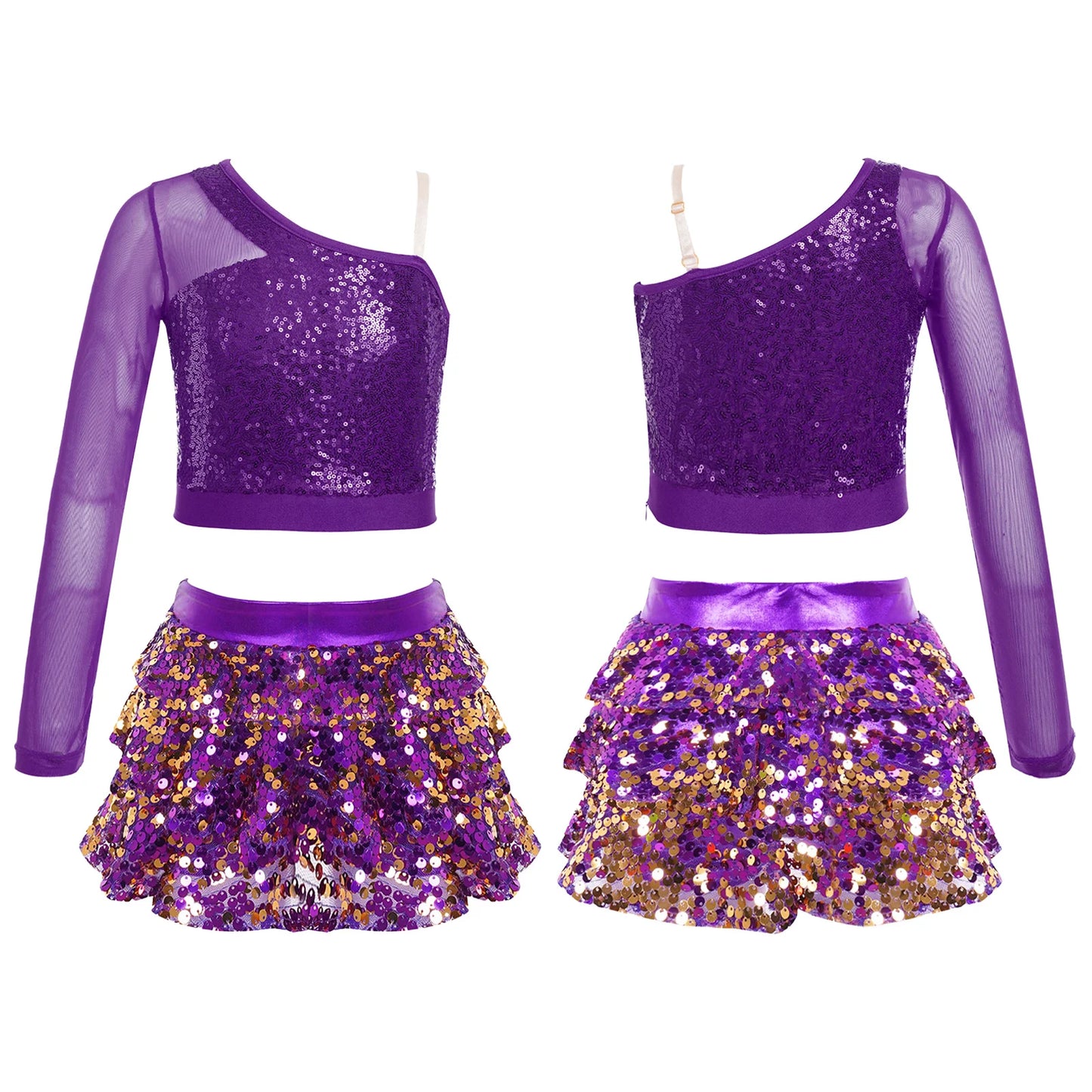 Kids Girls Dance Dresses Latin Jazz Modern Dance Show Costume Sequin Long Sleeve Crop Tops and Skirted Culottes Cheer Dancewear