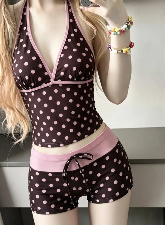 Women Beach Style Bikini Swimwears 2-Piece Tankini Suits Halter V-Neck Tie Cami Top Bodycon Contrast Waistband Swim Beachwear