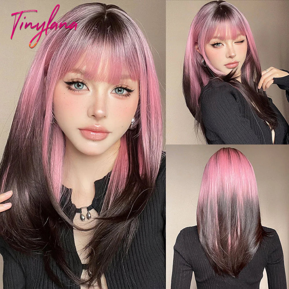 Dark Brown Black Synthetic Wigs Long Straight Layered Wig with Bangs Cosplay Party for Women Afro Natural Heat Resistant Hair
