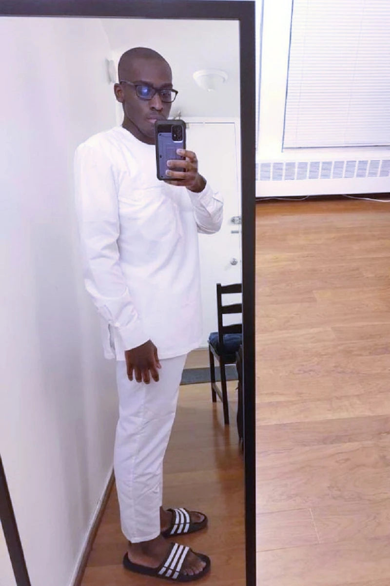 African Fashion Shirts Patch Trousers Solid White Pant Sets Senator Style Male Groom Suits Plus Size Party Wear African Clothes