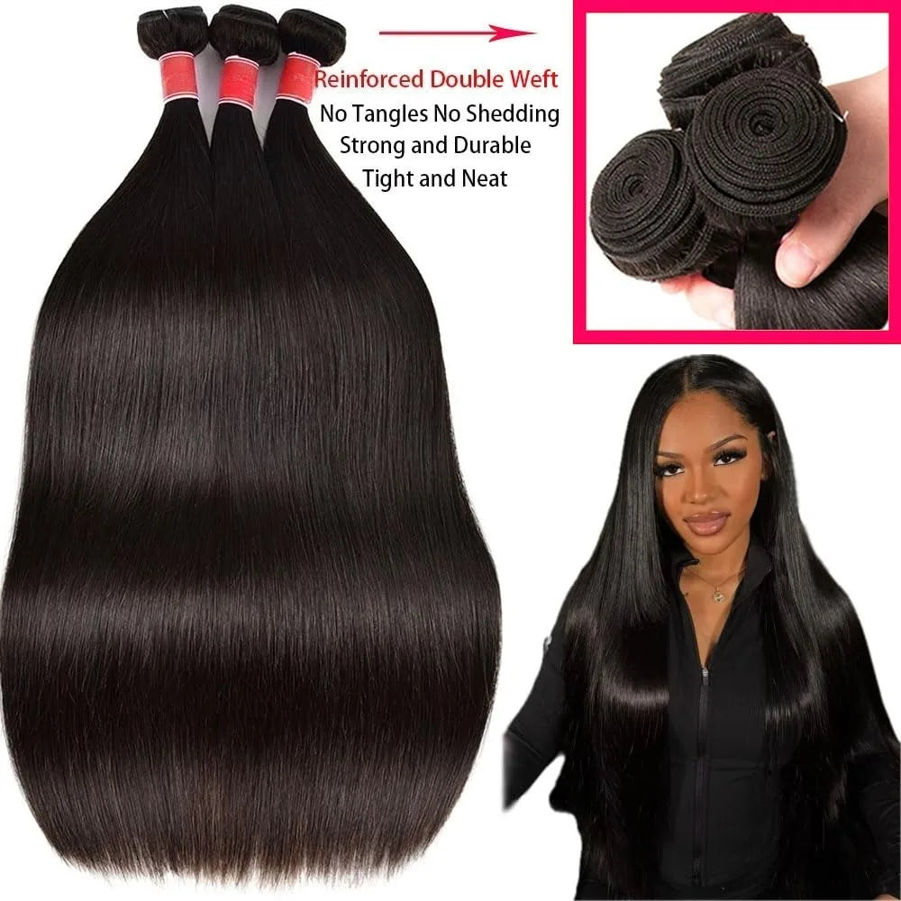 Human Hair Bundles Straight 12-32Inch Unprocessed Brazilian Hair Weave 3 Bundles Silky Black Hair Extensions Raw Quick Weave
