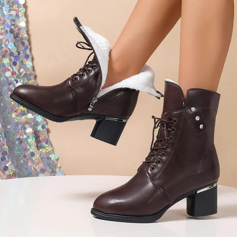 Winter 2024 Women's High Heels Long Plush Warm Ankle Boots Plus Size 42 Thick Square Heeled Motorcycle Boots Woman Shoes Short