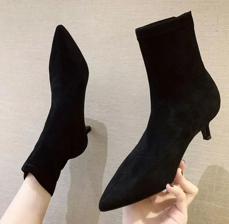 Comemore 2021 Autumn Winter High Heel Women's Shoes Pointed Toe Stiletto Ankle Boots Stockings Black Girls' Socks Boots Dress 34