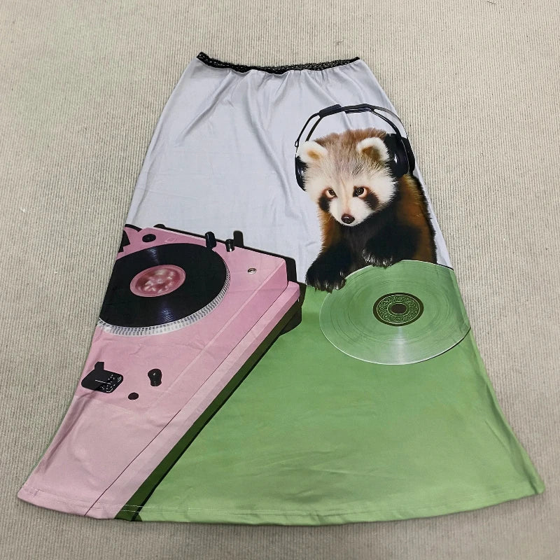 Sexy High Street Girl Personality Summer Aesthetic Lace patchwork Panda DJing Fun Printed Casual Mid Length Skirt Women Clothing