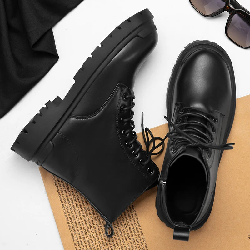 Leather Black Men's Biker Boot Fashion YoungWaterproof Trendy Boots Man Autumn Winter High Top ClassicBasic Shoe