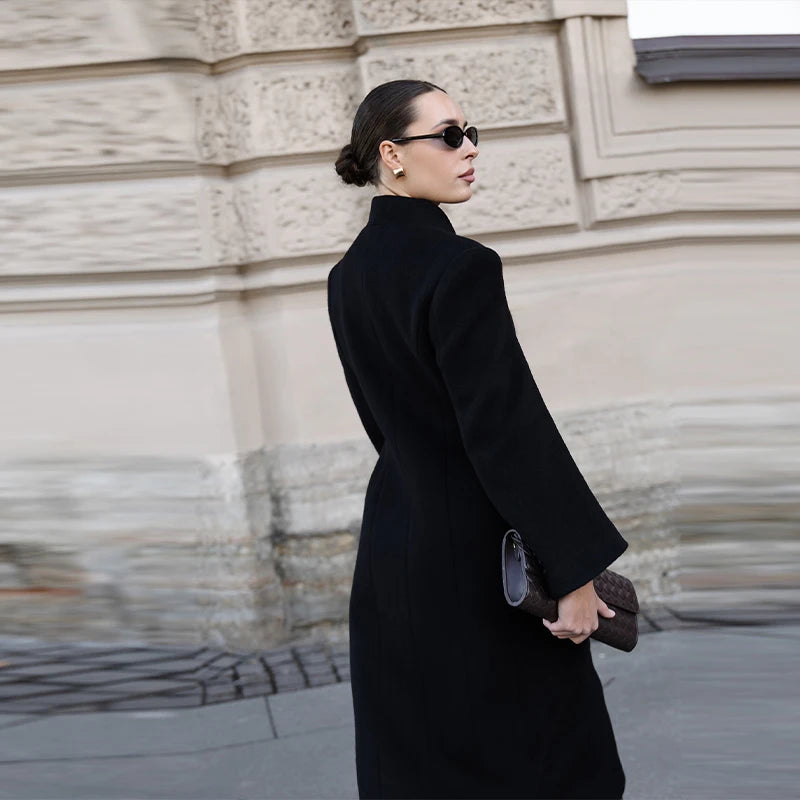 Elegant Long Coat Women V-neck Solid Slim Single-breasted Waist-closed Jackets Lady 2026 Spring Chic Female Streetwear
