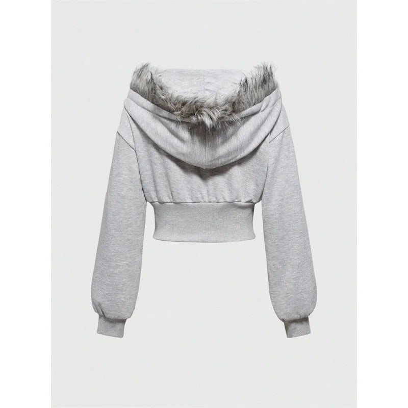 Winter Warm Gothic Print Hoodie Women's Clothin Faux Fur Crop Top Zip-Up Sweatshirt Fashion Y2K Streetwear Hooded Jacket 2026New