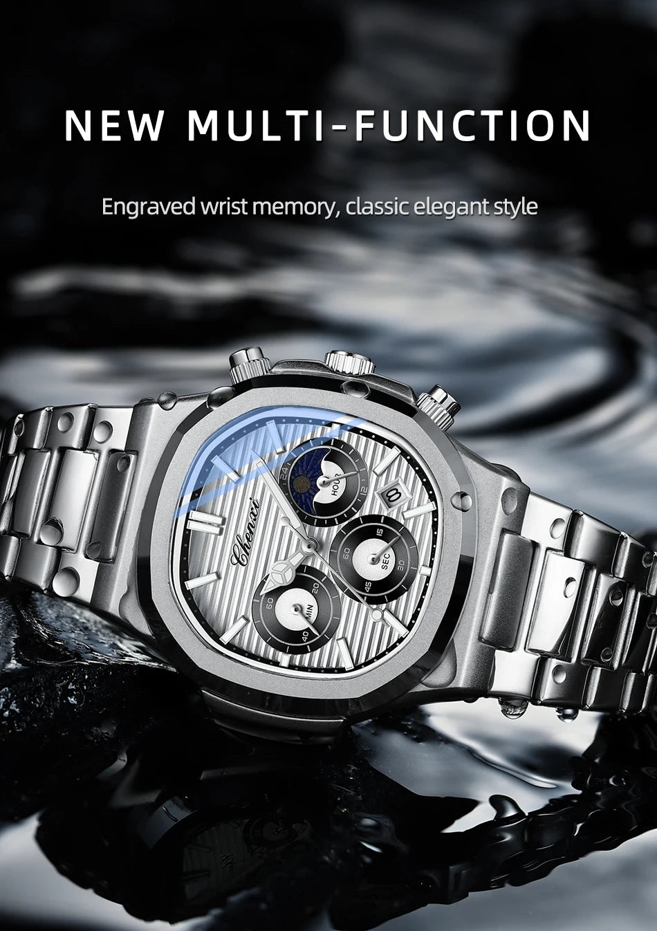CHENXI Fashion Luxury Men's Watches Stainless Steel Quartz Movement Waterproof Calendar Moon Phase Chronograph Watch for Men
