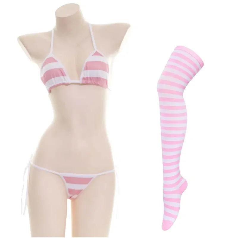 Sexy Women Underwear Set  Striped Bikini Thigh High Stocking Swimsuit Erotic Costumes Cosplay Japanese Anime Bra Briefs