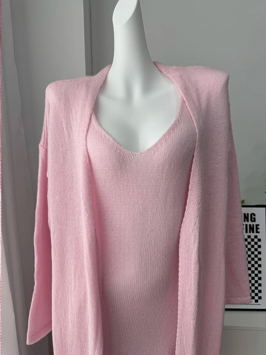 Hirsionsan Soft Loose Sets Women Three Pieces Long Sleeve Cardigan & Sexy Vest Dresses Elegant Female Hollow Outfits Tracksuit