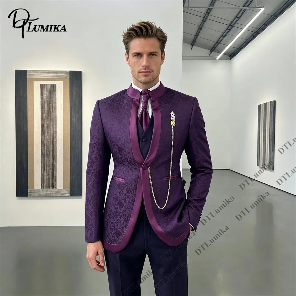 Jacquard Three-Piece Men’s Suit (Jacket + Waistcoat + Trousers) One Button Customized Men's Black-Tie Party Tuxedo Big & Tall