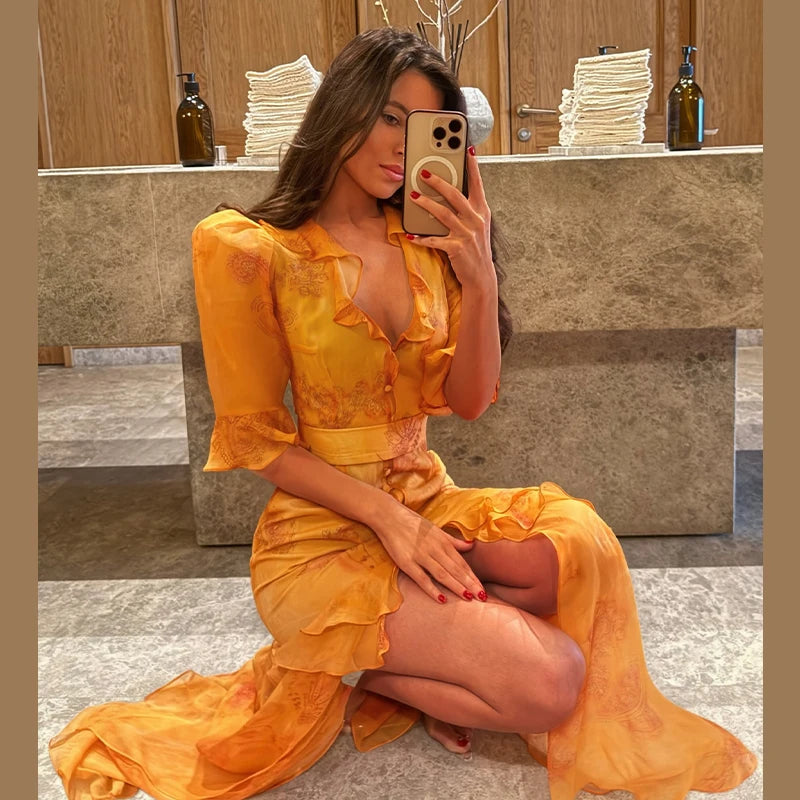 Print Chiffon Long Dress Women V Neck Half Sleeves High Waist Ruffles Belts Split Robe Female 2026 Summer Chic Vacation Dresses