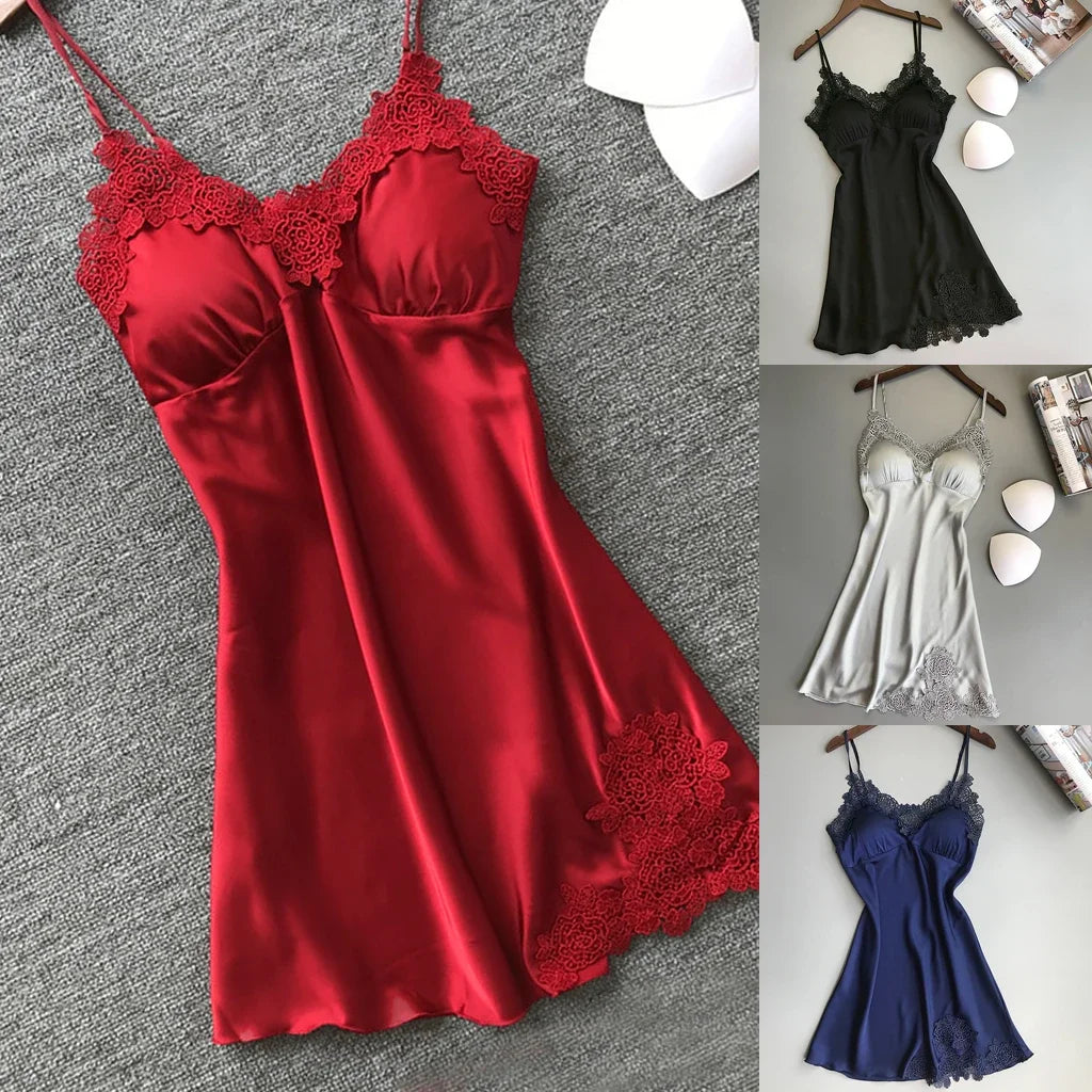 Sexy Women  Silk Robe Dress Nightdress Lace Bow Straps Lady Nightgown Sleepwear Costumes Soft Material Sleepshirts