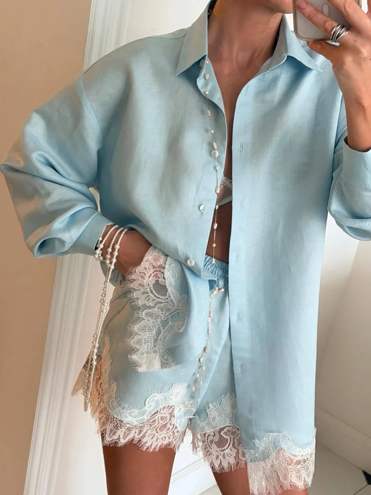 Casual Women's Matching Sets Long Sleeve Shirts Shorts Suit Lace Patchwork 2 Pieces Sets 2026 NEW Spring Beach Lady Outfits