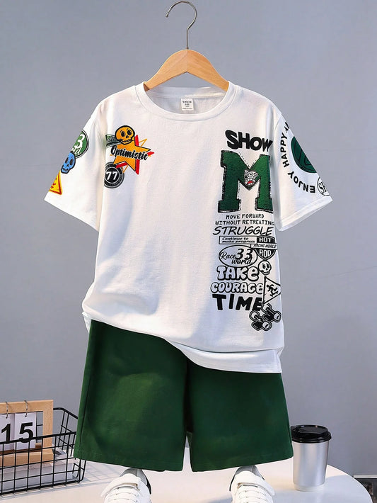 Summer Kids' Suit Boys' Loose Casual Crewneck Patterned Short-sleeved T-shirt and Shorts Comfortable Cool Tracksuit