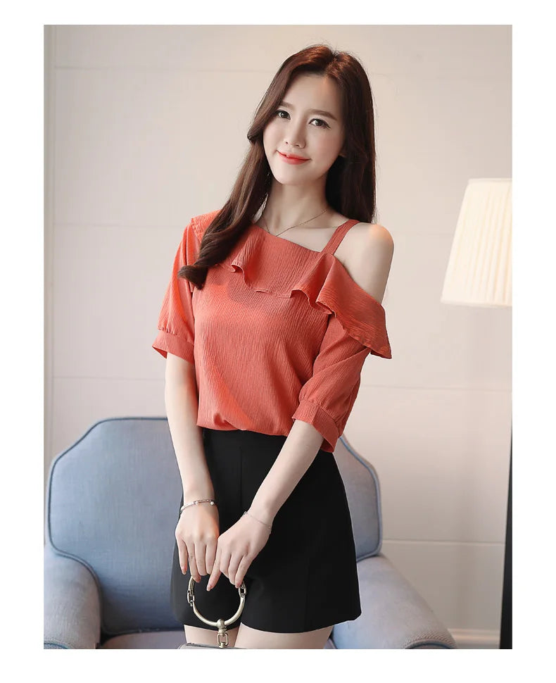Women's One Shoulder Ruffles Chiffon Blouse Shirt Short Sleeve Pullover Acetate