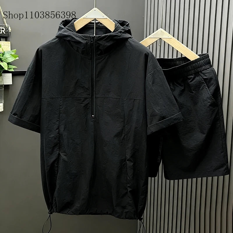Casual Hooded Suit Mens Summer Workwear Thin Loose Fashion Couple Short Sleeve Waistcoat Shorts 2 Piece Set Male Cargo Tracksuit