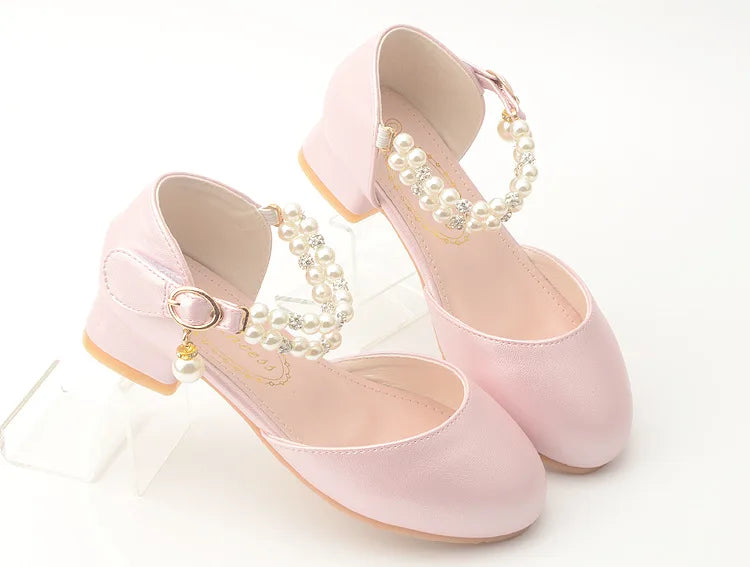 Pink Black White Party Wedding Shoes Children's High Heels Girl Shoe Elegan Pearl Princess Dress Girls Heel Shoes Child 2024 New