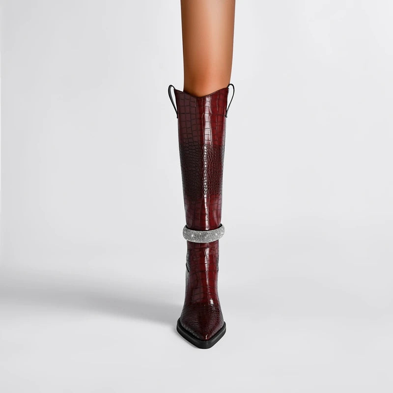 Kaky's New Water Diamond Pointed Thick High Heels Oversized Women's Boots Long Boots High Barrel Boots Western Boots 44 45 46