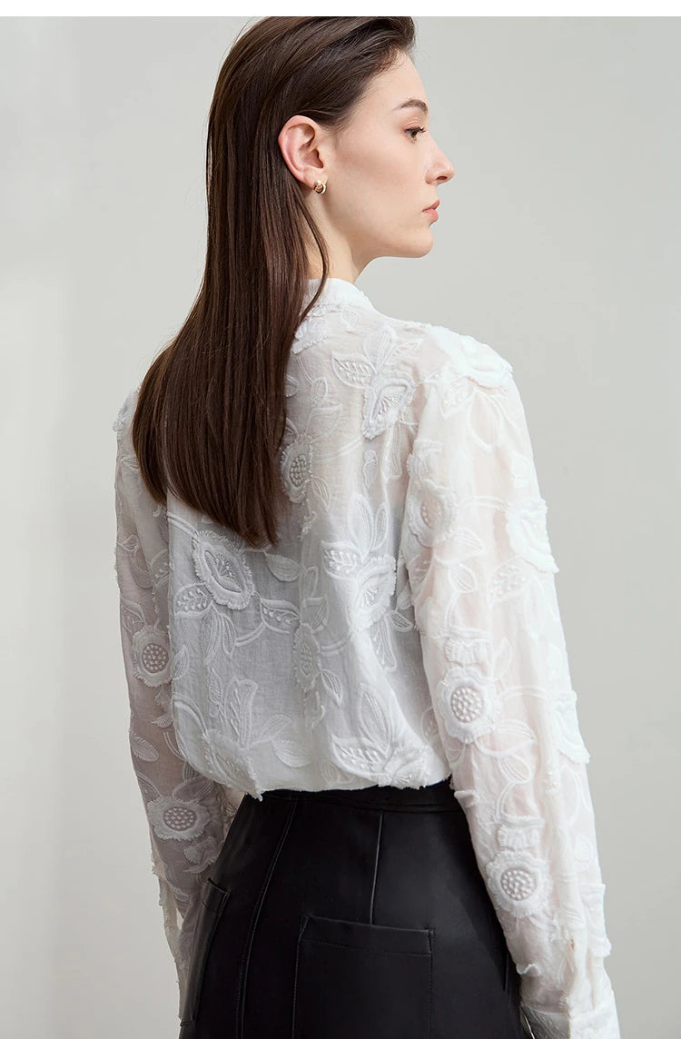 AMII 2025 Autumn New Elegant Embroidery Women's Shirt Stand Collar Wide Shoulder Office Lady Loose Blouses Women Tops 12543066