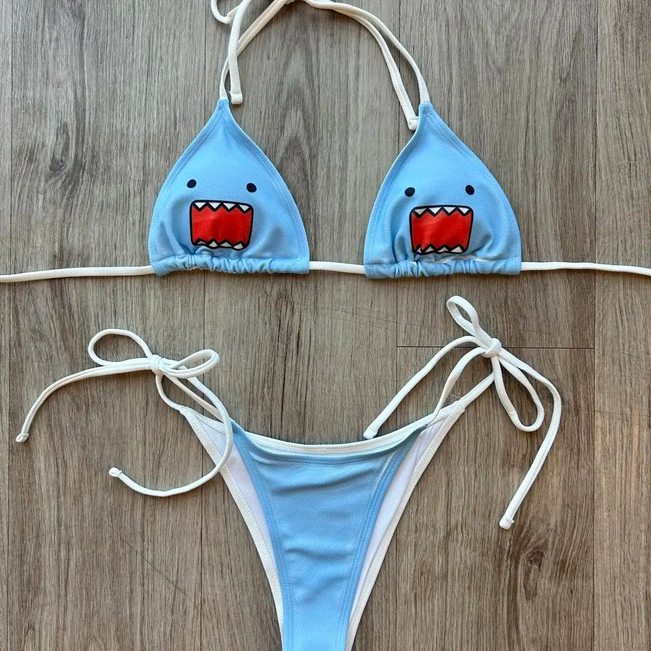 Ins Style Beachwear Bikini Women's Light Blue Shark Print Halter Tie Side Swimsuit