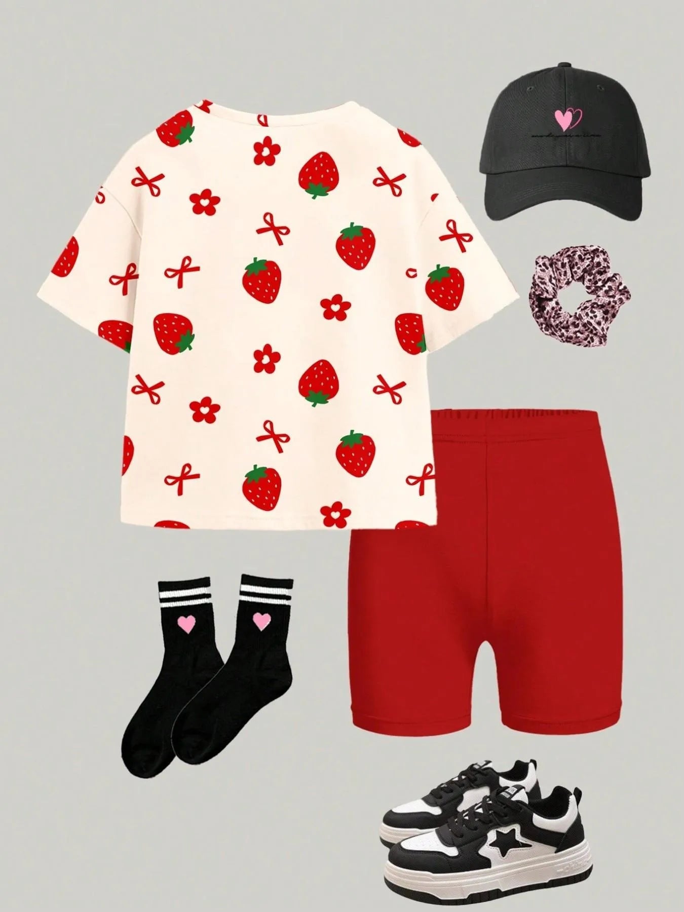 Kids Girls 2-Piece Summer Outfit, Strawberry Print Short Sleeve T-Shirt + Red Biker Shorts Casual Set