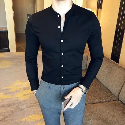 Men Slim Fit Shirt 2025 Autumn Cotton Solid Stand Collar Casual Business Long-sleeved Shirts Male Fashion Camisas Men Clothing