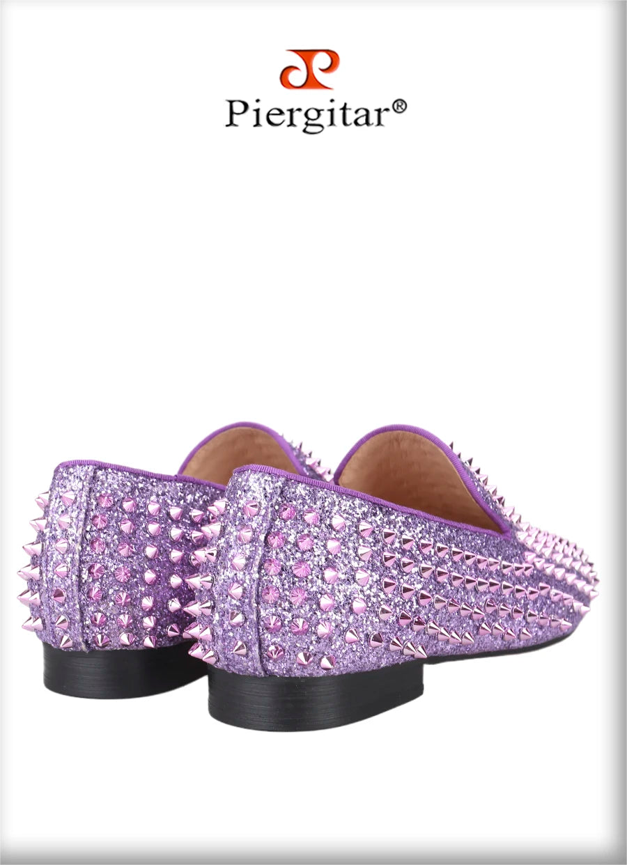 Piergitar Handmade Purple Spikes Men's Loafers For Party and Banquet Wear CL Same Classic Model Red Outsole Slip-On Flats