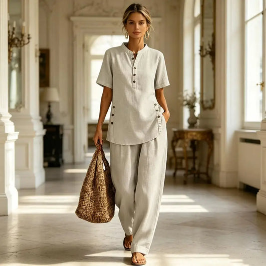 Women's 2 Piece Linen Sets Loose Fit Summer Clothes Short Sleeve Matching Outfits, Summer Casual Lounge Sets with Pockets